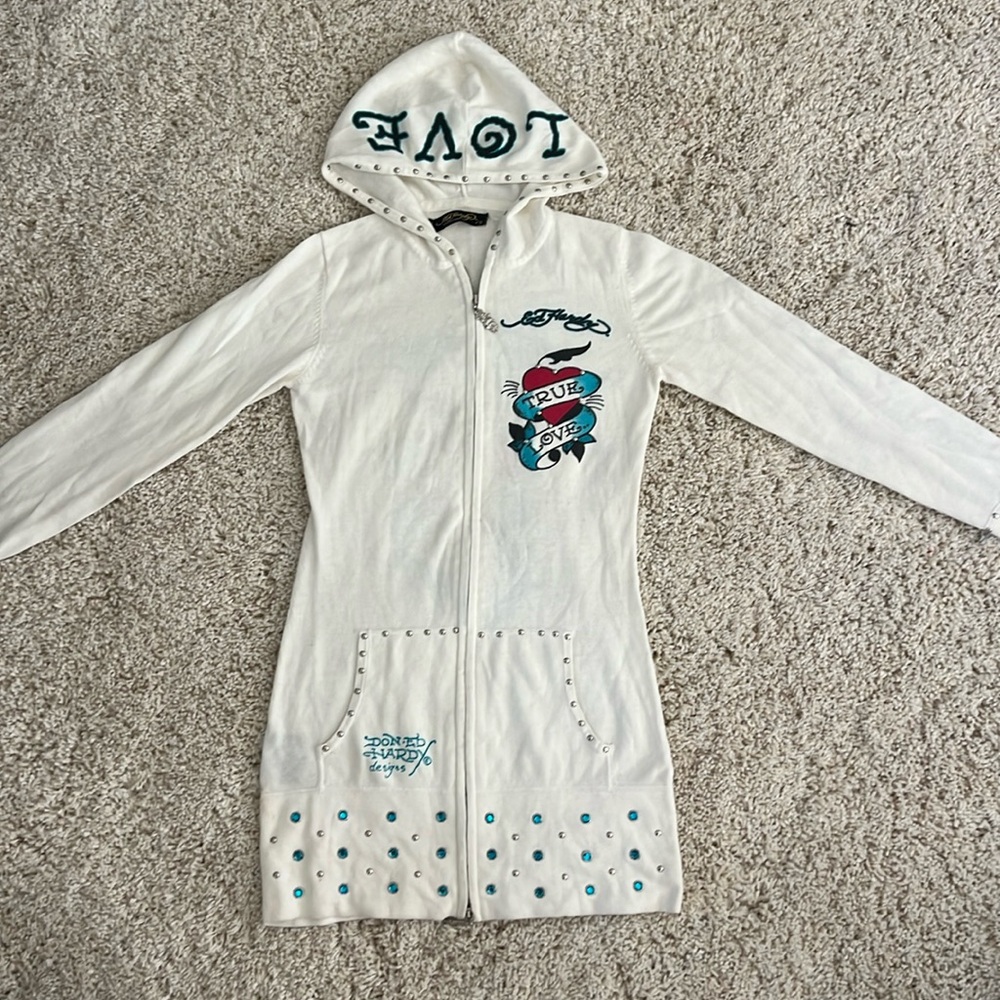 Ed Hardy embellished women’s cotton tunic hooded sweater 100%cotton size small